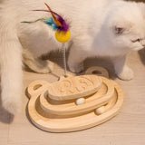 Wooden Cat Scratching Post Sisal Scratcher Toy with 2/3 Layer Tracks Spinning Cat ToysTurntable with Interactive Balls