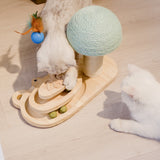 Wooden Cat Scratching Post Sisal Scratcher Toy with 2/3 Layer Tracks Spinning Cat ToysTurntable with Interactive Balls