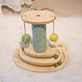 Wooden Cat Scratching Post Sisal Scratcher Toy with 2/3 Layer Tracks Spinning Cat ToysTurntable with Interactive Balls